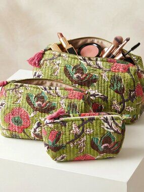 Set Of 3 Block Print Toiletry Bags, Cotton Makeup Bag, Cosmetic Bag Set Gift